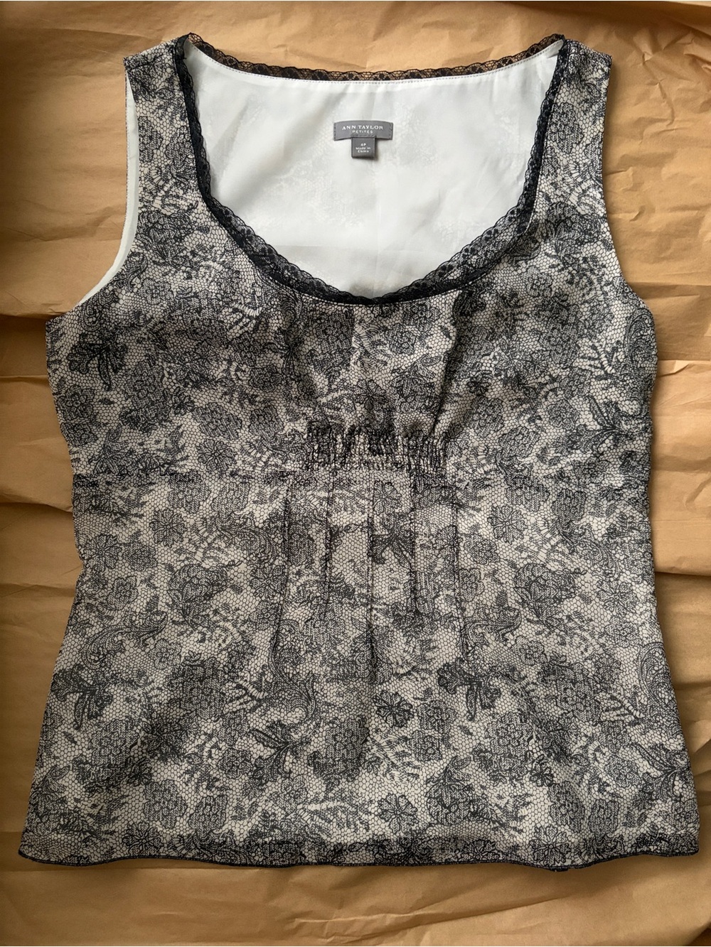 100% Silk lace print overlay cami - Black & White